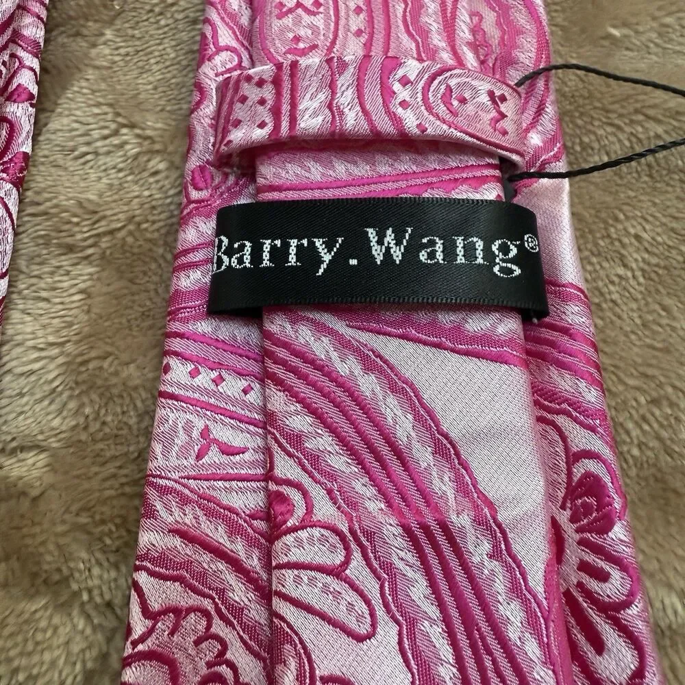 Barry Wang Paisley Woven Men’s Tie Pink Necktie Pocket Square Wedding Formal NWT